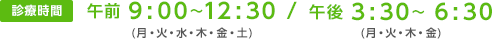 診療時間：午前 9:00～12:30 (月・火・水・木・金・土) / 午後 3:30～ 6:30(月・火・木・金)