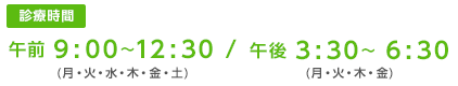 診療時間：午前 9:00～12:30 (月・火・水・木・金・土) / 午後 3:30～ 6:30(月・火・木・金)